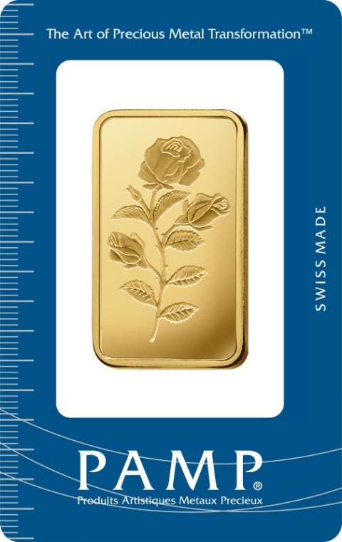 1 oz złota sztabka PAMP Rosa z motywem róży w oryginalnym opakowaniu CertiPAMP