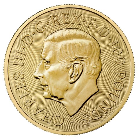 1 oz Tudor Beasts Bull of Clarence 2023 – złota moneta Royal Mint, awers z portretem Karola III