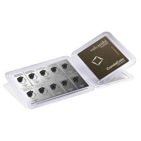 Sztabka CombiCoin Valcambi 10 x 10 g – dzielona sztabka srebrna o wadze 100 g w blistrze ochronnym