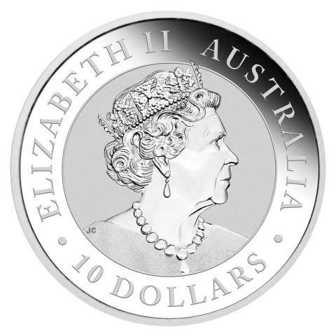 10 oz Kookaburra 2023 srebrna moneta – rewers z australijską kookaburrą na gałęzi eukaliptusa w kapslu