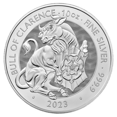 10 oz Tudor Beasts Bull of Clarence 2023 – srebrna moneta Royal Mint w woreczku ochronnym