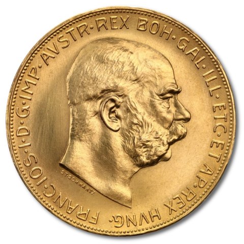 100 koron Austriackich złota moneta Franciszek Józef I – uszkodzona w kapslu ochronnym