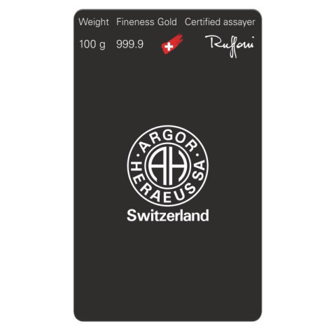 Odlewana sztabka złota 100 g Argor-Heraeus z numerem seryjnym i certyfikatem – klasyczna forma inwestycji w czyste złoto 999,9