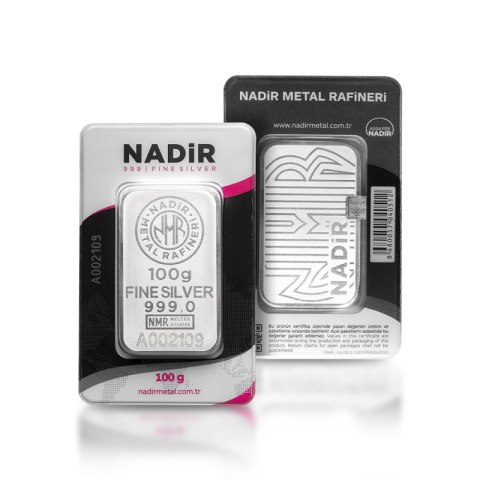 100g srebrna sztabka Nadir Metal Rafineri – bita forma, awers z logo