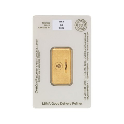 Złota sztabka 10g C.Hafner – niemiecka sztabka inwestycyjna o próbie 999,9 w blistrze ochronnym