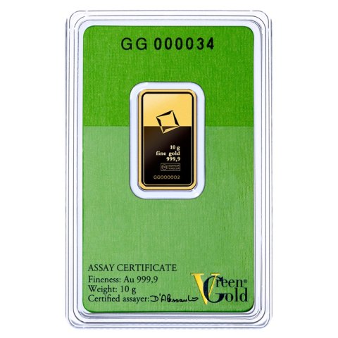 10 g sztabka złota Valcambi Green Gold w blistrze z certyfikatem i numerem seryjnym