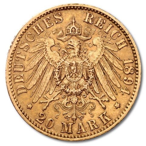 20 Marek Wilhelm II złota moneta Cesarstwo Niemieckie 1888–1913 w kapslu ochronnym
