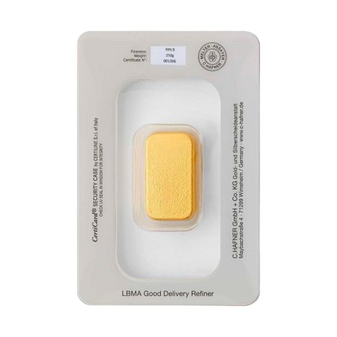 250g Złota Sztabka C.Hafner z certyfikatem – przód z logo i numerem