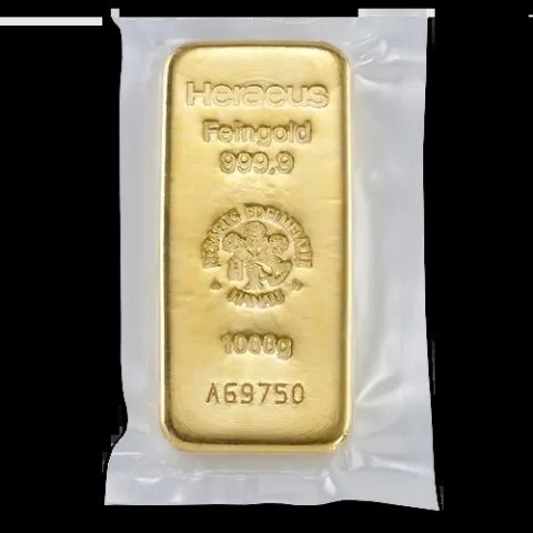 1 kg złota sztabka z uszkodzonym opakowaniem – widok frontu