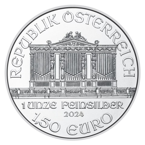 1 oz Filharmonicy Wiedeńscy 2024 srebrna moneta – rewers z organami Musikverein