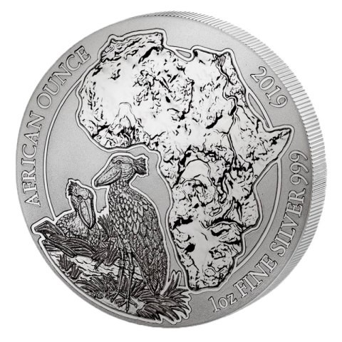 Rwanda Shoebill 2019 srebrna moneta 1 oz – rewers z trzewikodziobem
