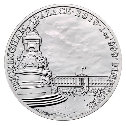 1 oz Pałac Buckingham 2019 srebrna moneta – rewers z budowlą
