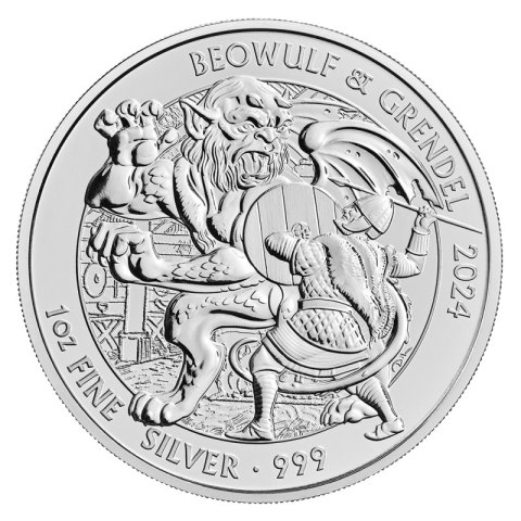 1 oz Beowulf 2024 srebrna moneta – rewers z Beowulfem i Grendelem