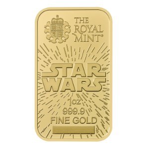Złota sztabka 1 oz Star Wars The Royal Mint z wizerunkiem Luke’a, Lei i Hana Solo – blister kolekcjonerski 2024