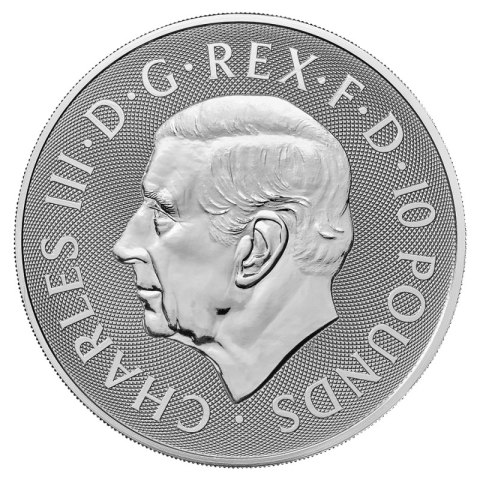 10 oz Bestie Tudorów Jednorożec 2024 – srebrna moneta The Royal Mint, awers z królem Karolem III