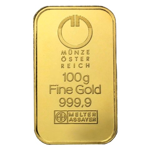 100g sztabka złota Mennica Austriacka w blistrze z certyfikatem