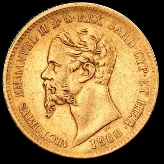 20 Lirów Włochy Sardynia Wiktor Emanuel II Złota Moneta | 1850 - 1861