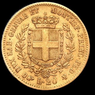 20 Lirów Włochy Sardynia Wiktor Emanuel II Złota Moneta | 1850 - 1861