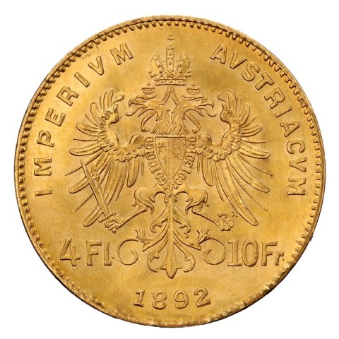 Austria złota moneta 4 Floreny 10 Franków – rewers z podwójnym nominałem