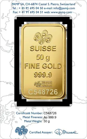 Złota sztabka PAMP 50g z motywem róży – szwajcarskie złoto 999,9 w opakowaniu CertiPack