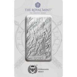 10 oz Loki srebrna sztabka The Royal Mint w oryginalnym blistrze – awers z logo mennicy i próbą 999,9