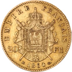 Złota moneta 20 franków Francja Napoleon III z koroną – próba 900, lata 1861–1870