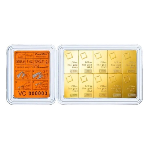 10 x 1/10 oz CombiBar® Gold Bar | Valcambi – obverse